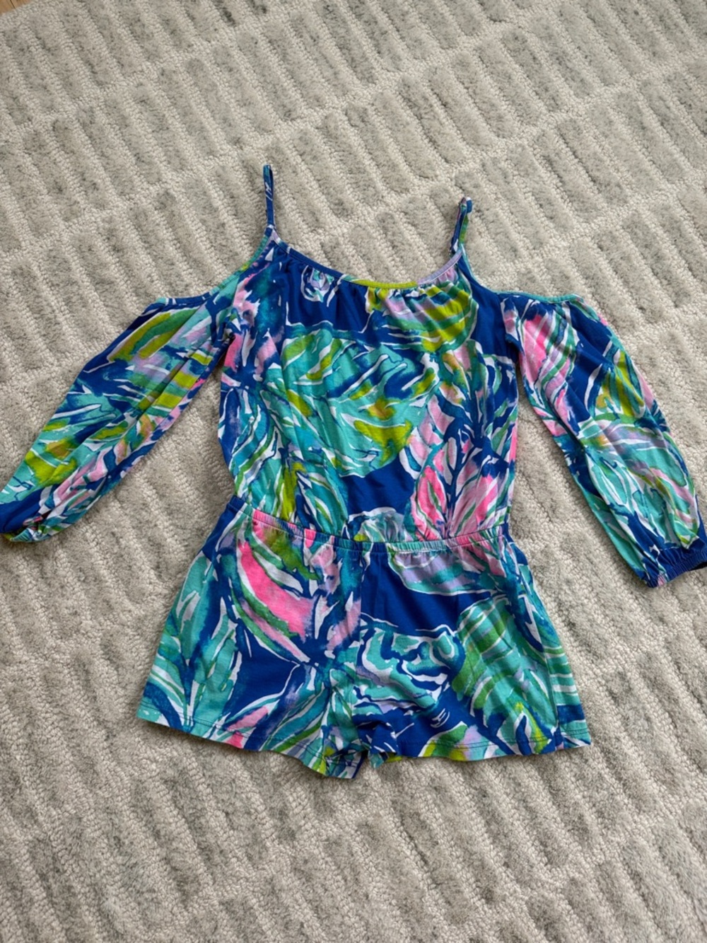 Girls Lilly Pulitzer Cold-Shoulder Romper with Pink & Green Leaf Print